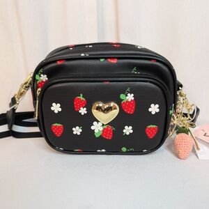 Luv Betsey Johnson Black Strawberry And Daisy Multiple Charm Crossbody Bag